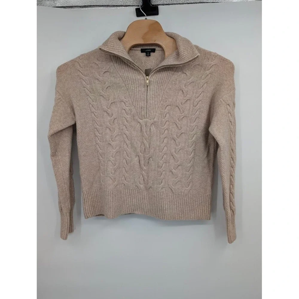 J. Crew Cable-Knit Half-Zip Wool Blend Sweater Tan Women's NWT sz S